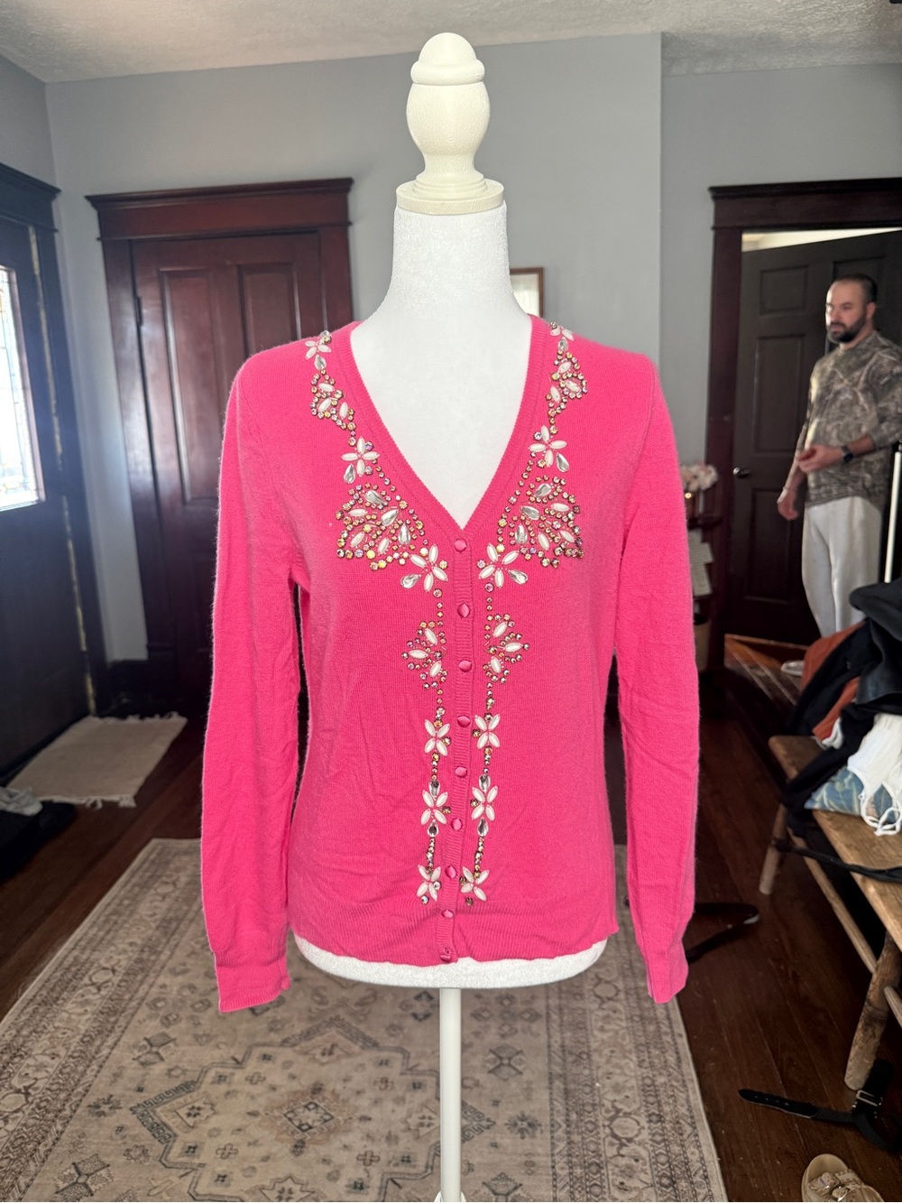 Bloomingdale's Pink Beaded Vintage 100% Cashmere Cardigan M Avant Garde Y2K Glam